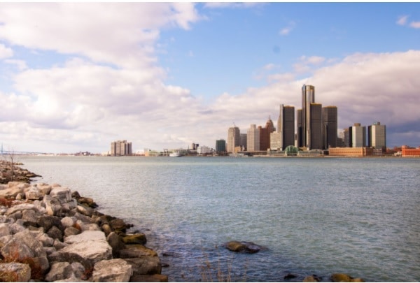A photo of the Detroit skyline across a body of water