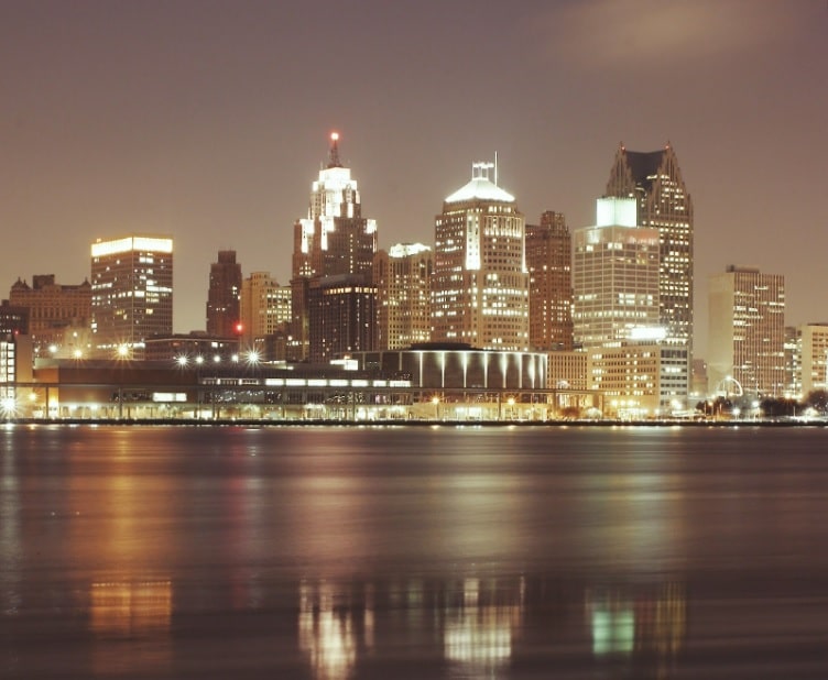The Detroit city skyline at night