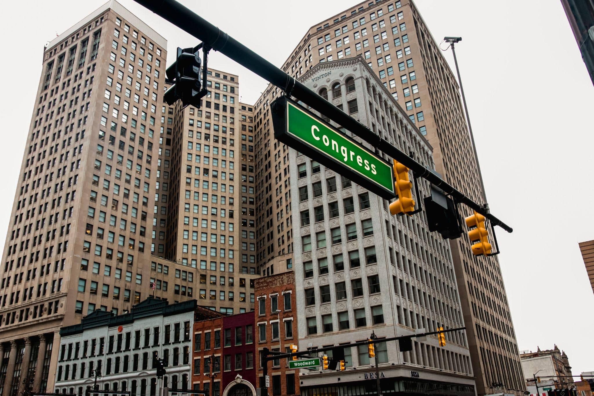 A street shot of buildings at an intersection in the City of Detroit