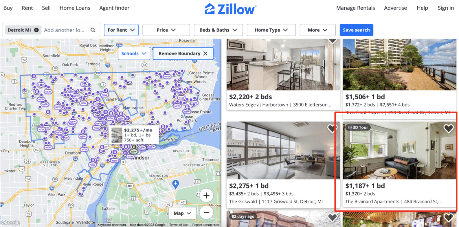 Search Results of Detroit Rentals in Zillow.